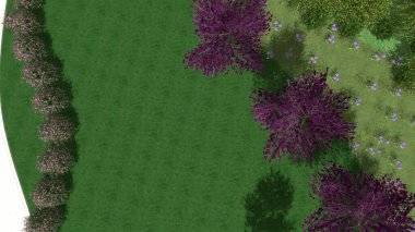 Modern peyzaj mimarisinin 3 boyutlu çizimi. Peyzaj tasarımının arkaplan bilgisayarı. Farklı çim yüzeylerinin düz çizgilerle karşıt bileşimi.