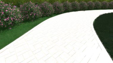 Modern peyzaj mimarisinin 3 boyutlu çizimi. Peyzaj tasarımının arkaplan bilgisayarı. Farklı çim yüzeylerinin düz çizgilerle karşıt bileşimi.
