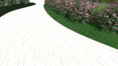 Modern peyzaj mimarisinin 3 boyutlu çizimi. Peyzaj tasarımının arkaplan bilgisayarı. Farklı çim yüzeylerinin düz çizgilerle karşıt bileşimi.