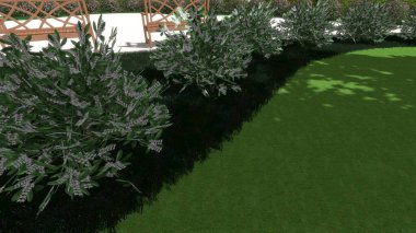 Modern peyzaj mimarisinin 3 boyutlu çizimi. Peyzaj tasarımının arkaplan bilgisayarı. Farklı çim yüzeylerinin düz çizgilerle karşıt bileşimi.