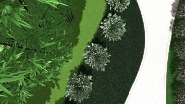 Modern peyzaj mimarisinin 3 boyutlu çizimi. Peyzaj tasarımının arkaplan bilgisayarı. Farklı çim yüzeylerinin düz çizgilerle karşıt bileşimi.