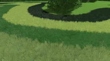 Modern peyzaj mimarisinin 3 boyutlu çizimi. Peyzaj tasarımının arkaplan bilgisayarı. Farklı çim yüzeylerinin düz çizgilerle karşıt bileşimi.