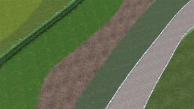 Modern peyzaj mimarisinin 3 boyutlu çizimi. Peyzaj tasarımının arkaplan bilgisayarı. Farklı çim yüzeylerinin düz çizgilerle karşıt bileşimi.