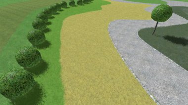 Modern peyzaj mimarisinin 3 boyutlu çizimi. Peyzaj tasarımının arkaplan bilgisayarı. Farklı çim yüzeylerinin düz çizgilerle karşıt bileşimi.