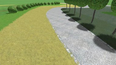 Modern peyzaj mimarisinin 3 boyutlu çizimi. Peyzaj tasarımının arkaplan bilgisayarı. Farklı çim yüzeylerinin düz çizgilerle karşıt bileşimi.