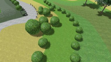 Modern peyzaj mimarisinin 3 boyutlu çizimi. Peyzaj tasarımının arkaplan bilgisayarı. Farklı çim yüzeylerinin düz çizgilerle karşıt bileşimi.