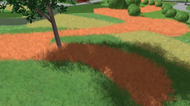 Modern peyzaj mimarisinin 3 boyutlu çizimi. Peyzaj tasarımının arkaplan bilgisayarı. Farklı çim yüzeylerinin düz çizgilerle karşıt bileşimi.