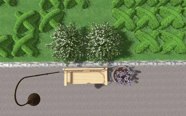 Modern peyzaj mimarisinin 3 boyutlu çizimi. Kesilmiş kenarları haç şeklinde olan modüler bahçe. Peyzaj tasarımının arkaplan bilgisayarı çizimi.
