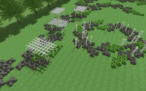 Modern peyzaj mimarisinin 3 boyutlu çizimi. Kesilmiş kenarları haç şeklinde olan modüler bahçe. Peyzaj tasarımının arkaplan bilgisayarı çizimi.