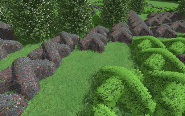 Modern peyzaj mimarisinin 3 boyutlu çizimi. Kesilmiş kenarları haç şeklinde olan modüler bahçe. Peyzaj tasarımının arkaplan bilgisayarı çizimi.