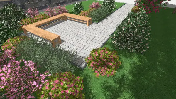 Modern peyzaj mimarisinin 3 boyutlu çizimi. Peyzaj tasarımının arkaplan bilgisayarı. Farklı çim yüzeylerinin düz çizgilerle karşıt bileşimi.