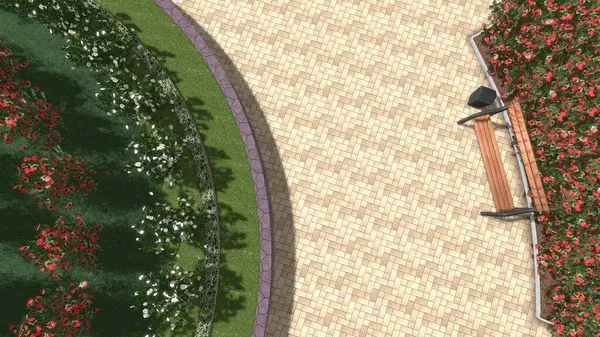 Modern peyzaj mimarisinin 3 boyutlu çizimi. Peyzaj tasarımının arkaplan bilgisayarı. Farklı çim yüzeylerinin düz çizgilerle karşıt bileşimi.