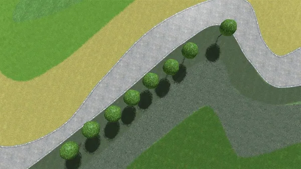 Modern peyzaj mimarisinin 3 boyutlu çizimi. Peyzaj tasarımının arkaplan bilgisayarı. Farklı çim yüzeylerinin düz çizgilerle karşıt bileşimi.
