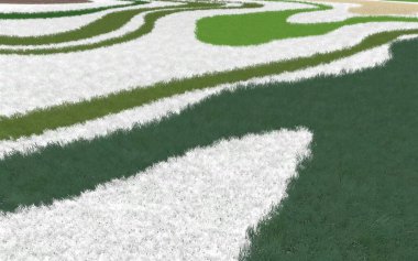 Modern peyzaj mimarisinin 3 boyutlu çizimi. Peyzaj tasarımının arkaplan bilgisayarı. Farklı çim yüzeylerinin düz çizgilerle karşıt bileşimi.