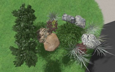 Park alanının 3D peyzaj tasarımı. Bölgenin peyzaj planlaması. Kentsel alanların geliştirilmesi için bileşik çözümlerin bilgisayar görselleştirmesi.