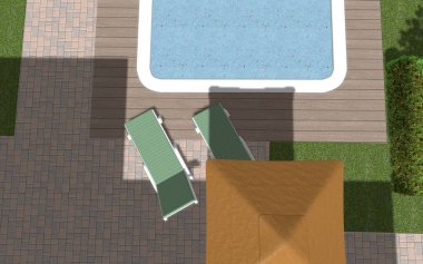 Park alanının 3D peyzaj tasarımı. Bölgenin peyzaj planlaması. Kentsel alanların geliştirilmesi için bileşik çözümlerin bilgisayar görselleştirmesi.