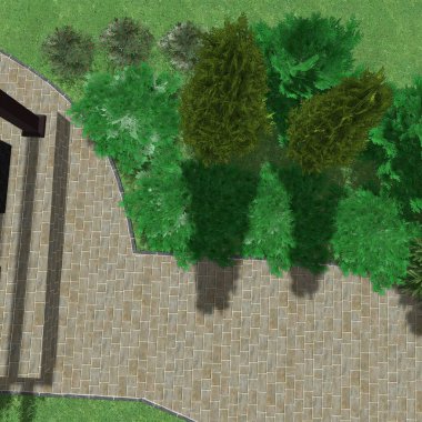 Park alanının 3D peyzaj tasarımı. Bölgenin peyzaj planlaması. Kentsel alanların geliştirilmesi için bileşik çözümlerin bilgisayar görselleştirmesi.