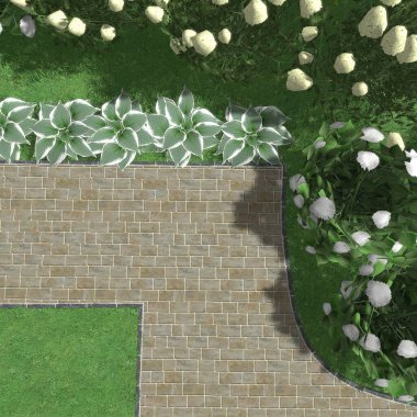 Park alanının 3D peyzaj tasarımı. Bölgenin peyzaj planlaması. Kentsel alanların geliştirilmesi için bileşik çözümlerin bilgisayar görselleştirmesi.