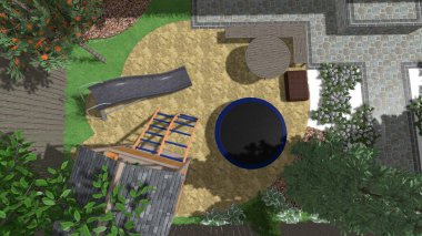 Memleketin peyzaj tasarımının 3 boyutlu görüntüsü. Bölgenin peyzajı. Birleşik peyzaj ve peyzaj çözümlerinin bilgisayar görselleştirmesi.