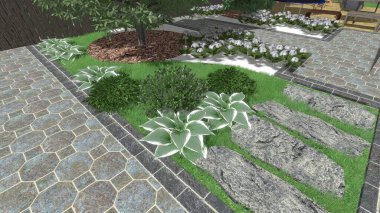 Memleketin peyzaj tasarımının 3 boyutlu görüntüsü. Bölgenin peyzajı. Birleşik peyzaj ve peyzaj çözümlerinin bilgisayar görselleştirmesi.