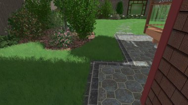 Memleketin peyzaj tasarımının 3 boyutlu görüntüsü. Bölgenin peyzajı. Birleşik peyzaj ve peyzaj çözümlerinin bilgisayar görselleştirmesi.