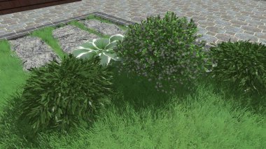 Memleketin peyzaj tasarımının 3 boyutlu görüntüsü. Bölgenin peyzajı. Birleşik peyzaj ve peyzaj çözümlerinin bilgisayar görselleştirmesi.