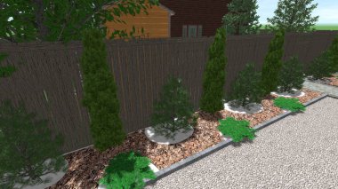 Memleketin peyzaj tasarımının 3 boyutlu görüntüsü. Bölgenin peyzajı. Birleşik peyzaj ve peyzaj çözümlerinin bilgisayar görselleştirmesi.