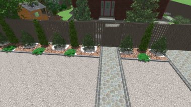 Memleketin peyzaj tasarımının 3 boyutlu görüntüsü. Bölgenin peyzajı. Birleşik peyzaj ve peyzaj çözümlerinin bilgisayar görselleştirmesi.