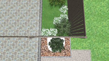 Memleketin peyzaj tasarımının 3 boyutlu görüntüsü. Bölgenin peyzajı. Birleşik peyzaj ve peyzaj çözümlerinin bilgisayar görselleştirmesi.