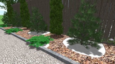 Memleketin peyzaj tasarımının 3 boyutlu görüntüsü. Bölgenin peyzajı. Birleşik peyzaj ve peyzaj çözümlerinin bilgisayar görselleştirmesi.