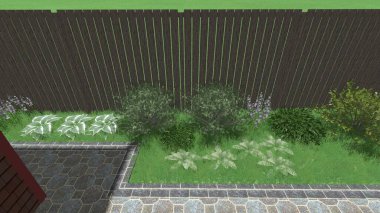 Memleketin peyzaj tasarımının 3 boyutlu görüntüsü. Bölgenin peyzajı. Birleşik peyzaj ve peyzaj çözümlerinin bilgisayar görselleştirmesi.