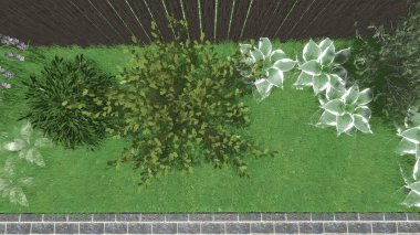 Memleketin peyzaj tasarımının 3 boyutlu görüntüsü. Bölgenin peyzajı. Birleşik peyzaj ve peyzaj çözümlerinin bilgisayar görselleştirmesi.