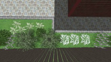 Memleketin peyzaj tasarımının 3 boyutlu görüntüsü. Bölgenin peyzajı. Birleşik peyzaj ve peyzaj çözümlerinin bilgisayar görselleştirmesi.