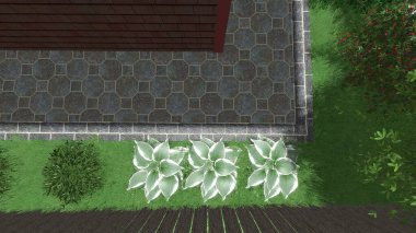 Memleketin peyzaj tasarımının 3 boyutlu görüntüsü. Bölgenin peyzajı. Birleşik peyzaj ve peyzaj çözümlerinin bilgisayar görselleştirmesi.