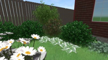 Memleketin peyzaj tasarımının 3 boyutlu görüntüsü. Bölgenin peyzajı. Birleşik peyzaj ve peyzaj çözümlerinin bilgisayar görselleştirmesi.