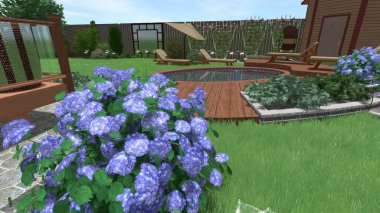 Memleketin peyzaj tasarımının 3 boyutlu görüntüsü. Bölgenin peyzajı. Birleşik peyzaj ve peyzaj çözümlerinin bilgisayar görselleştirmesi.