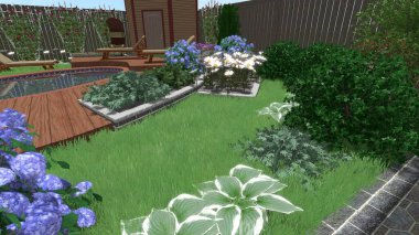 Memleketin peyzaj tasarımının 3 boyutlu görüntüsü. Bölgenin peyzajı. Birleşik peyzaj ve peyzaj çözümlerinin bilgisayar görselleştirmesi.