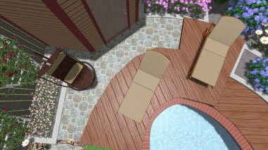 Memleketin peyzaj tasarımının 3 boyutlu görüntüsü. Bölgenin peyzajı. Birleşik peyzaj ve peyzaj çözümlerinin bilgisayar görselleştirmesi.