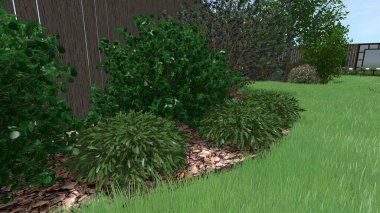 Memleketin peyzaj tasarımının 3 boyutlu görüntüsü. Bölgenin peyzajı. Birleşik peyzaj ve peyzaj çözümlerinin bilgisayar görselleştirmesi.