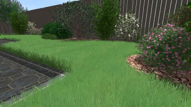 Memleketin peyzaj tasarımının 3 boyutlu görüntüsü. Bölgenin peyzajı. Birleşik peyzaj ve peyzaj çözümlerinin bilgisayar görselleştirmesi.