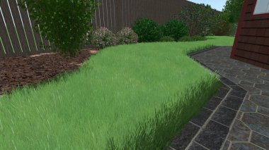 Memleketin peyzaj tasarımının 3 boyutlu görüntüsü. Bölgenin peyzajı. Birleşik peyzaj ve peyzaj çözümlerinin bilgisayar görselleştirmesi.