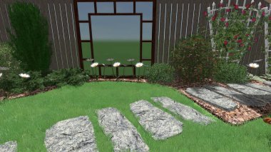 Memleketin peyzaj tasarımının 3 boyutlu görüntüsü. Bölgenin peyzajı. Birleşik peyzaj ve peyzaj çözümlerinin bilgisayar görselleştirmesi.