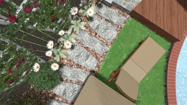 Memleketin peyzaj tasarımının 3 boyutlu görüntüsü. Bölgenin peyzajı. Birleşik peyzaj ve peyzaj çözümlerinin bilgisayar görselleştirmesi.