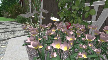 Memleketin peyzaj tasarımının 3 boyutlu görüntüsü. Bölgenin peyzajı. Birleşik peyzaj ve peyzaj çözümlerinin bilgisayar görselleştirmesi.