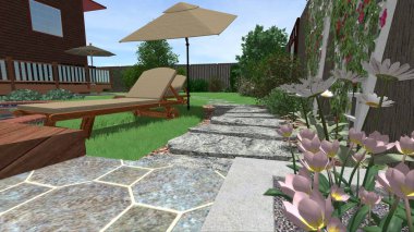 Memleketin peyzaj tasarımının 3 boyutlu görüntüsü. Bölgenin peyzajı. Birleşik peyzaj ve peyzaj çözümlerinin bilgisayar görselleştirmesi.