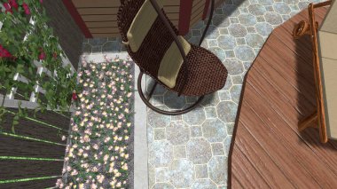 Memleketin peyzaj tasarımının 3 boyutlu görüntüsü. Bölgenin peyzajı. Birleşik peyzaj ve peyzaj çözümlerinin bilgisayar görselleştirmesi.