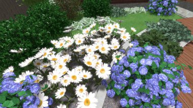 Memleketin peyzaj tasarımının 3 boyutlu görüntüsü. Bölgenin peyzajı. Birleşik peyzaj ve peyzaj çözümlerinin bilgisayar görselleştirmesi.