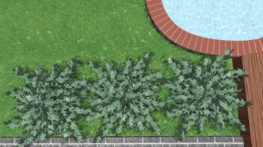 Memleketin peyzaj tasarımının 3 boyutlu görüntüsü. Bölgenin peyzajı. Birleşik peyzaj ve peyzaj çözümlerinin bilgisayar görselleştirmesi.