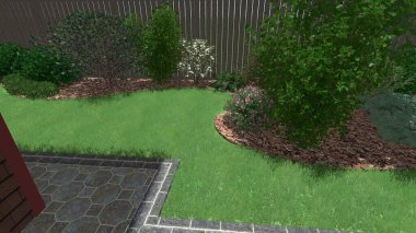 Memleketin peyzaj tasarımının 3 boyutlu görüntüsü. Bölgenin peyzajı. Birleşik peyzaj ve peyzaj çözümlerinin bilgisayar görselleştirmesi.