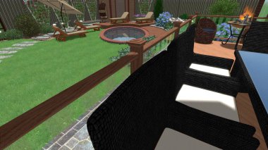 Memleketin peyzaj tasarımının 3 boyutlu görüntüsü. Bölgenin peyzajı. Birleşik peyzaj ve peyzaj çözümlerinin bilgisayar görselleştirmesi.